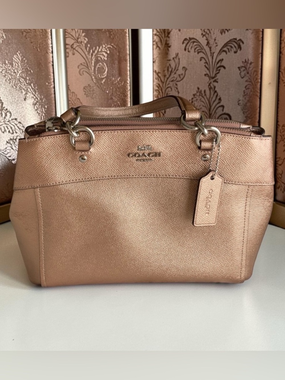 COACH Mini Brooke Carryall Metallic Rose Gold Leather Satchel Crossbody - Picture 3 of 5